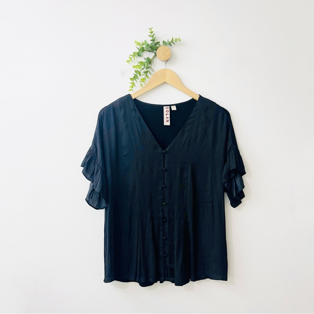 Anthropologie Dolan Black Button Front V-Neck Ruffle Sleeve Blouse